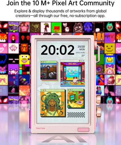 Divoom Times Frame Transparante digitale fotolijst (10,1 inch) met wifi en 64 GB, IPS-display met zwevend effect en RGB-draaiknop, 400+ wijzerplaten, widgets en pixel-art community (roze)