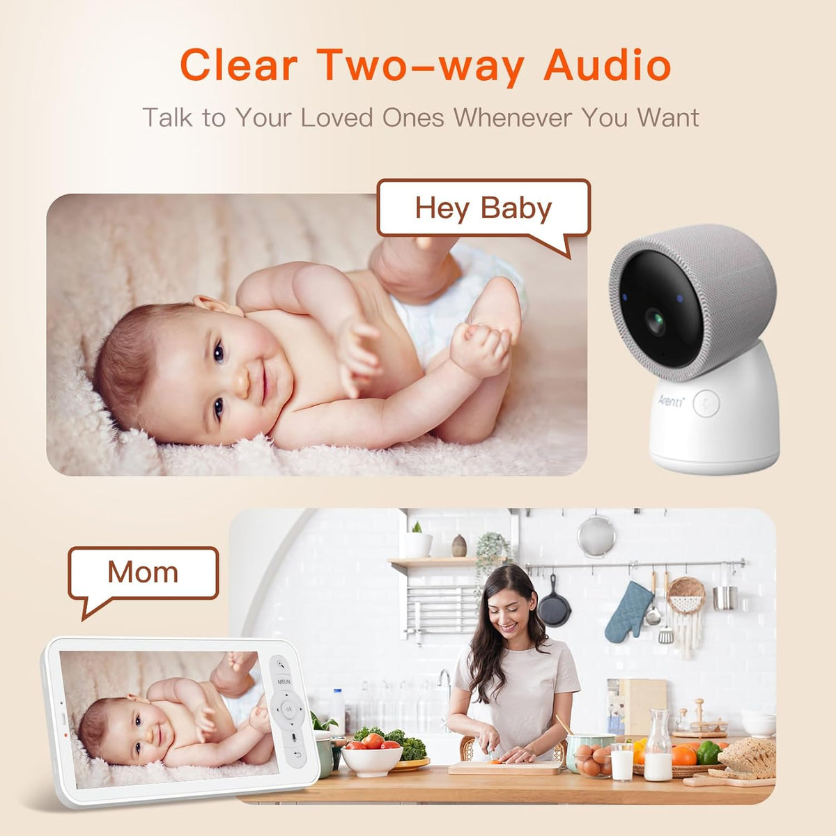 ARENTI 2,5 K/4 MP babymonitor, wifi, 355° kindercamera met monitor, 2,4 GHz & 5 GHz babymonitor, video met nachtzicht, geluidsherkenning, bidirectionele audio, borstherinnering