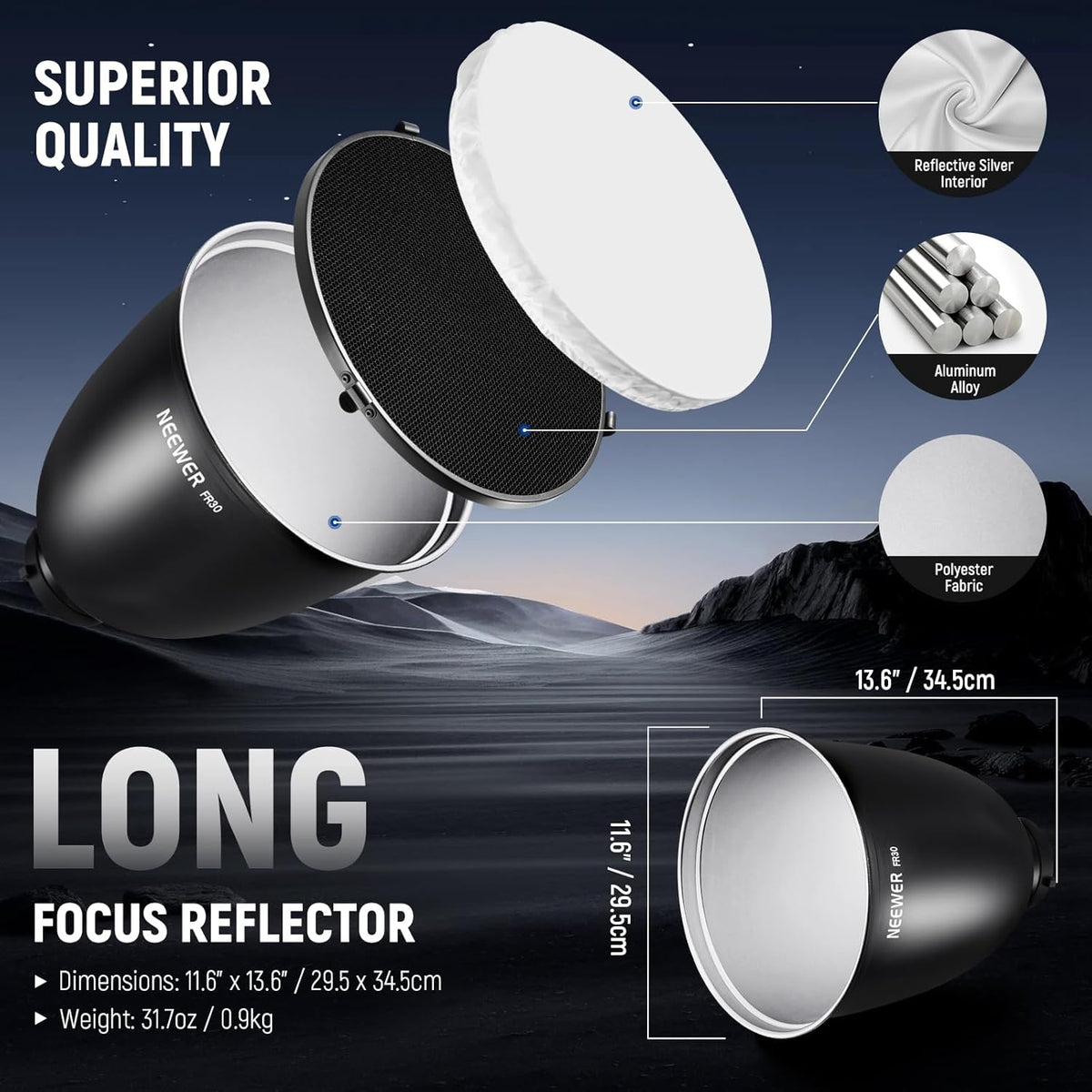 Diepe Focus Reflector – Studioreflector – Flitsreflector – Lichtkap – Diffuser – Standaard Fitting – 29,5 Cm – 15°/30° Honingraatroosters en 45° Gerichte Lichtbundel