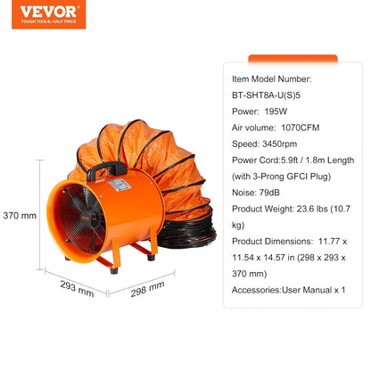 VEVOR Bouwventilator, 195 W AC-Motor, 2900 RPM, 504 L/s (1070 CFM) Axiale Ventilator Met 8 M Slang, 79 DB Geluidsniveau, Industriële Ventilator