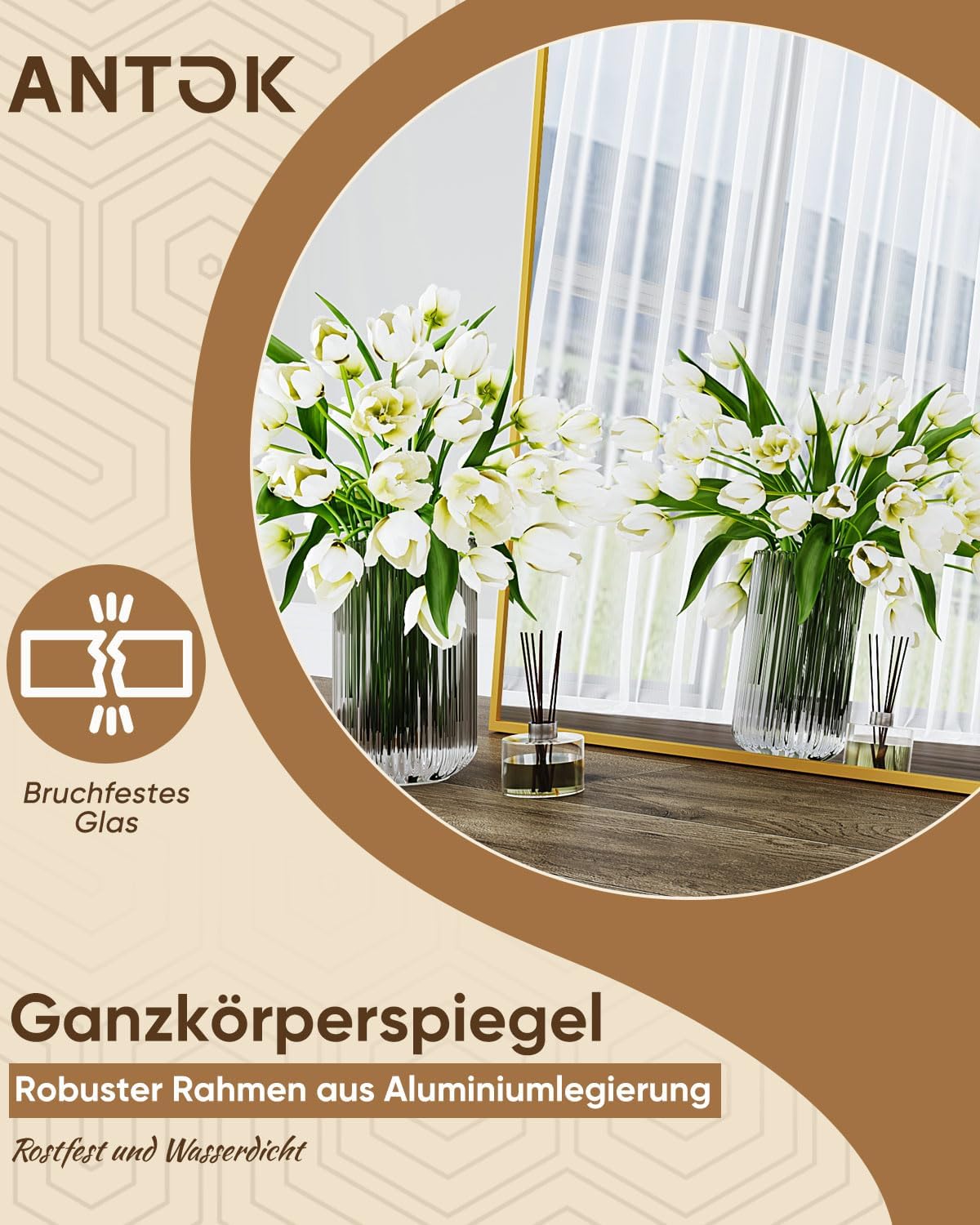 antok Full body spiegel, staande spiegel in volledige lengte, wandspiegel met frame van aluminiumlegering en onbreekbaar glas, gebogen vloerspiegel voor woonkamer, kleedkamer