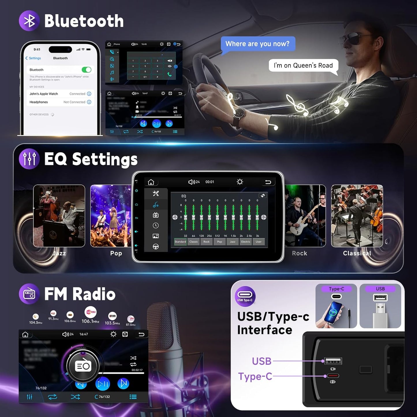 Hodozzy Car radio 1 Din with twisted 10.1 inch touch screen, car radio 1 Din with wireless CarPlay/Android car/mirror link, MP5 player with Bluetooth, radio FM, HD online video, EQ, USB/type C + - QUORE