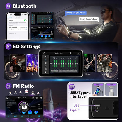 Hodozzy Car radio 1 Din with twisted 10.1 inch touch screen, car radio 1 Din with wireless CarPlay/Android car/mirror link, MP5 player with Bluetooth, radio FM, HD online video, EQ, USB/type C + - QUORE