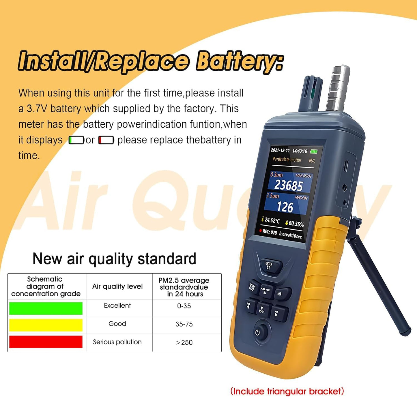 Luchtkwaliteitsmonitor, CO2 Meter PM0.3/2.5/10um Deeltjesmonitor, zeer Gevoelige 3-Kanaals 0~1000μg/m³USB Oplaadbare Temperatuur- en Vochtigheidsmonitor