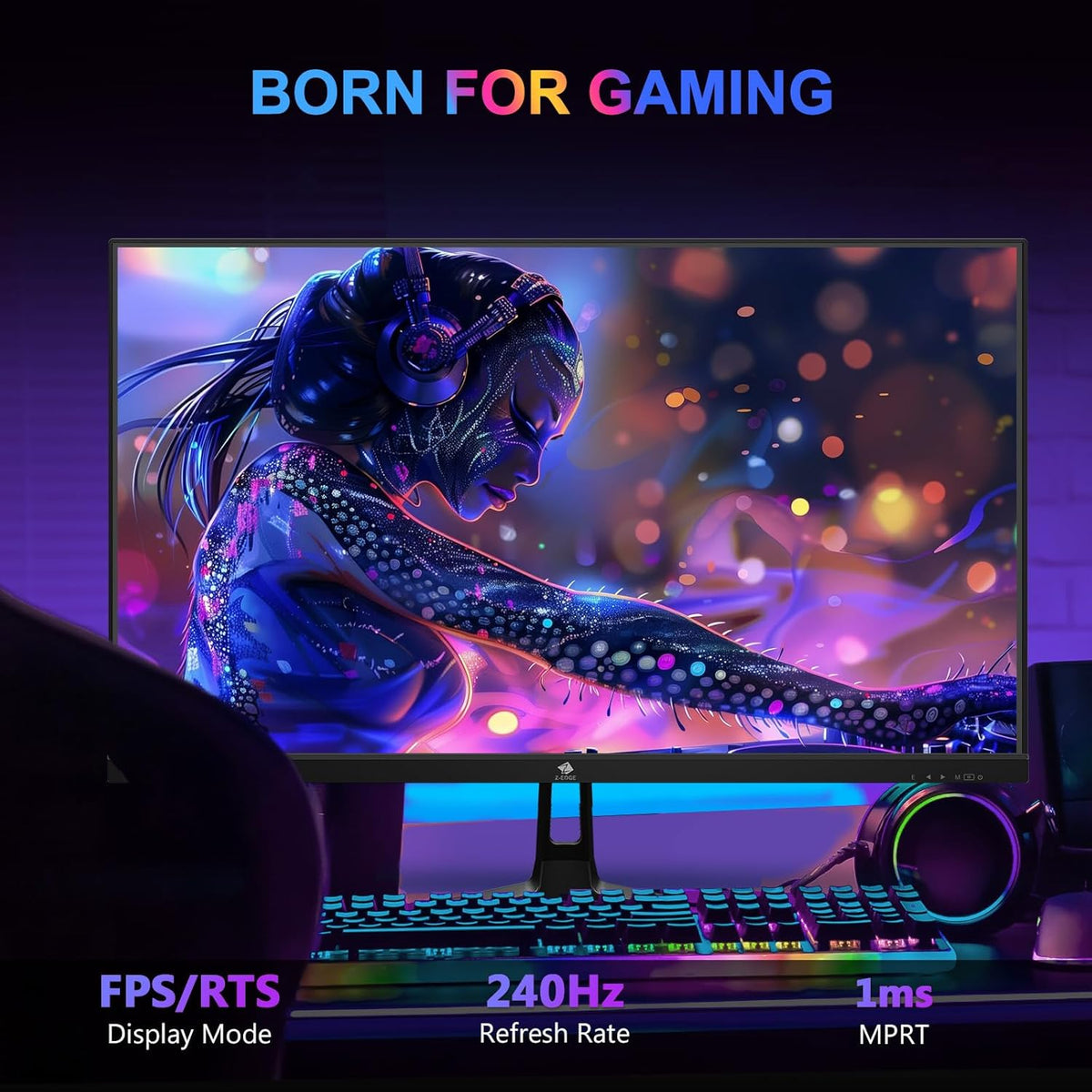 Z-Edge Gaming Monitor 27'' 240Hz, IPS Panel, 1ms, Screen FHD LED (1920x1080) with HDMI Cable, FreeSync, 400cd/m², HDMI 2.0 * 2 & DP 1.4 * 2, Adjustable Tilt, Ultra Slim Frame, VESA Mountable