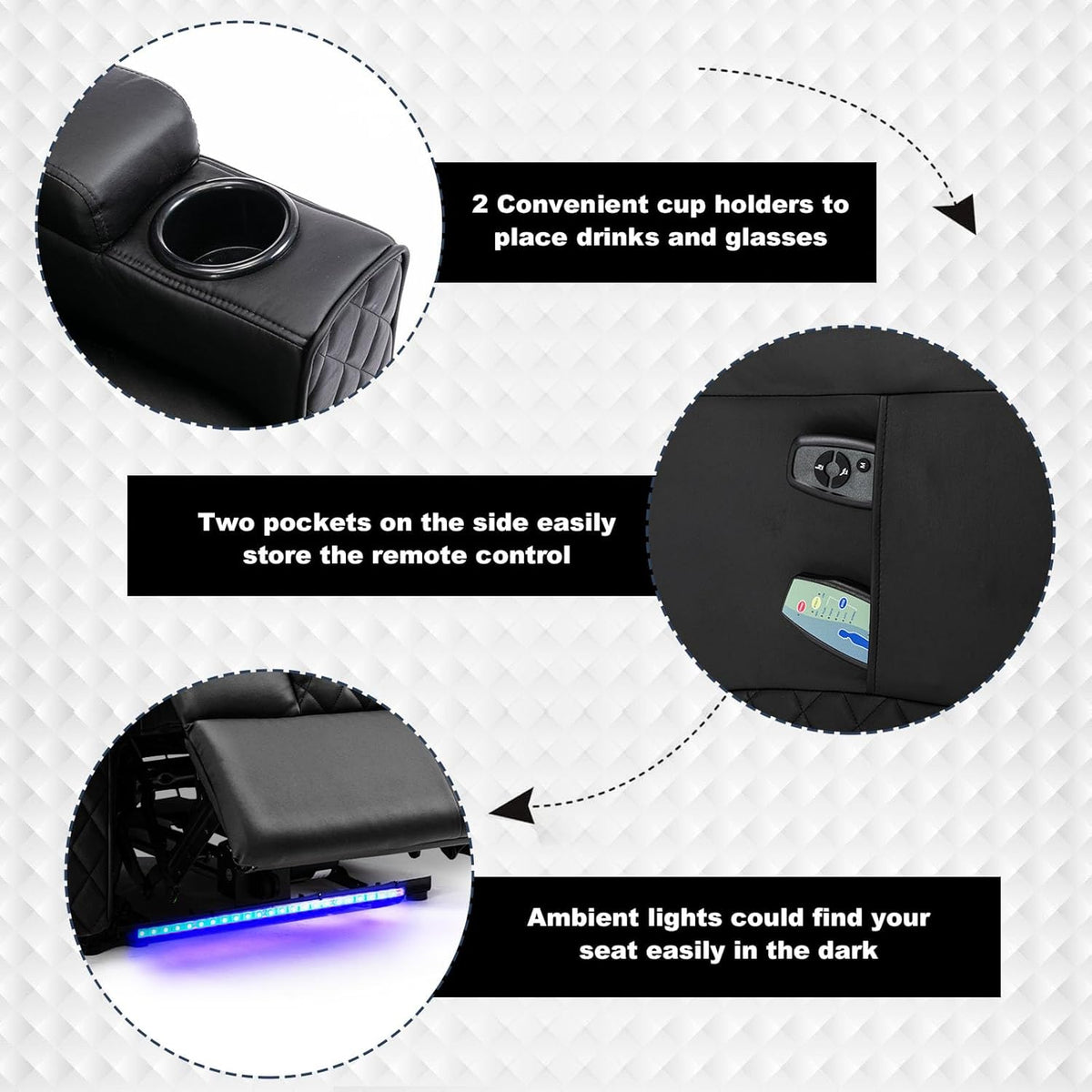 Elektrische Relaxfauteuil – Verstelbare Relaxstoel – Tv Stoel – Massagefauteuil – Zwarte Kunstleren Fauteuil – Traploos Verstelbare Rugleuning – Ingebouwde LED-Verlichting