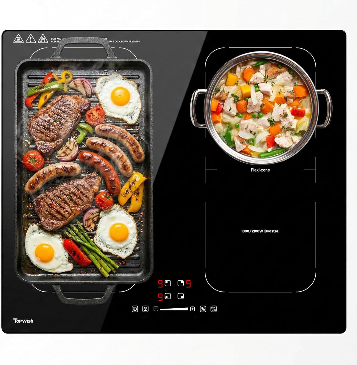 Topwish Inductiekookplaat 60 cm, inductiekookplaat 4 platen met twee flexzones, inductiekookplaat inbouw met boost-functie, timer, kinderbeveiliging, oververhittingsbeveiliging en warm houden, 7200 W