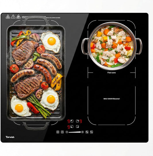 Topwish Inductiekookplaat 60 cm, inductiekookplaat 4 platen met twee flexzones, inductiekookplaat inbouw met boost-functie, timer, kinderbeveiliging, oververhittingsbeveiliging en warm houden, 7200 W