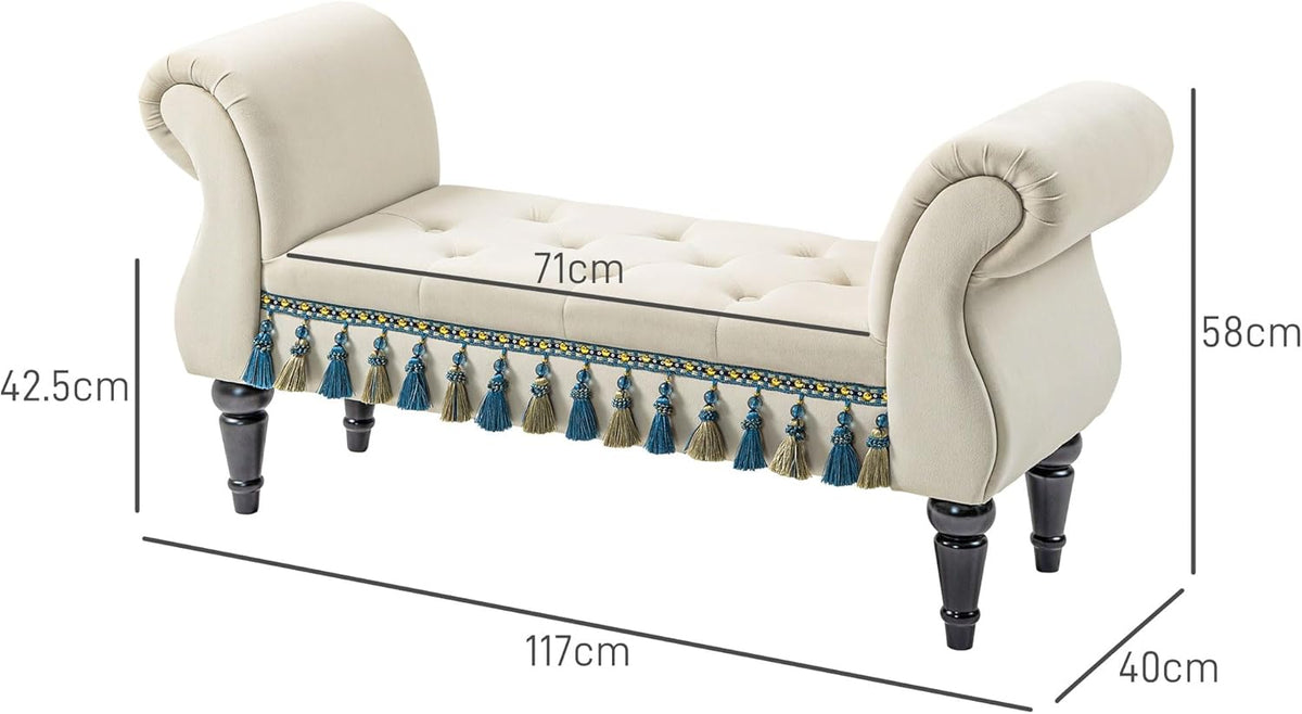 Gestoffeerde Bank – Sofa – Zitbank – Schoenenbank – Bedbank – Fluwelen Bekleding – Stevig Rubberhouten Frame – Beige – 117x40x58 cm