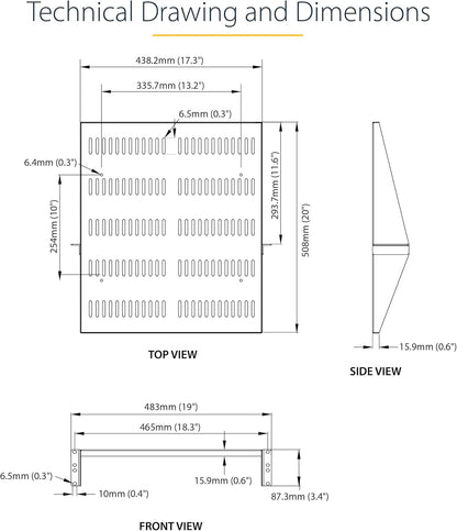 StarTech.com 2U Rack Shelf - Universele Geventileerde 19 inch Server Rack Plank/Lade voor AV/Data/Netwerk Apparatuur – Cantilever – Max. 91kg - Diepte 50 cm (20”)(SHELF-2U-20-CENTER-V)