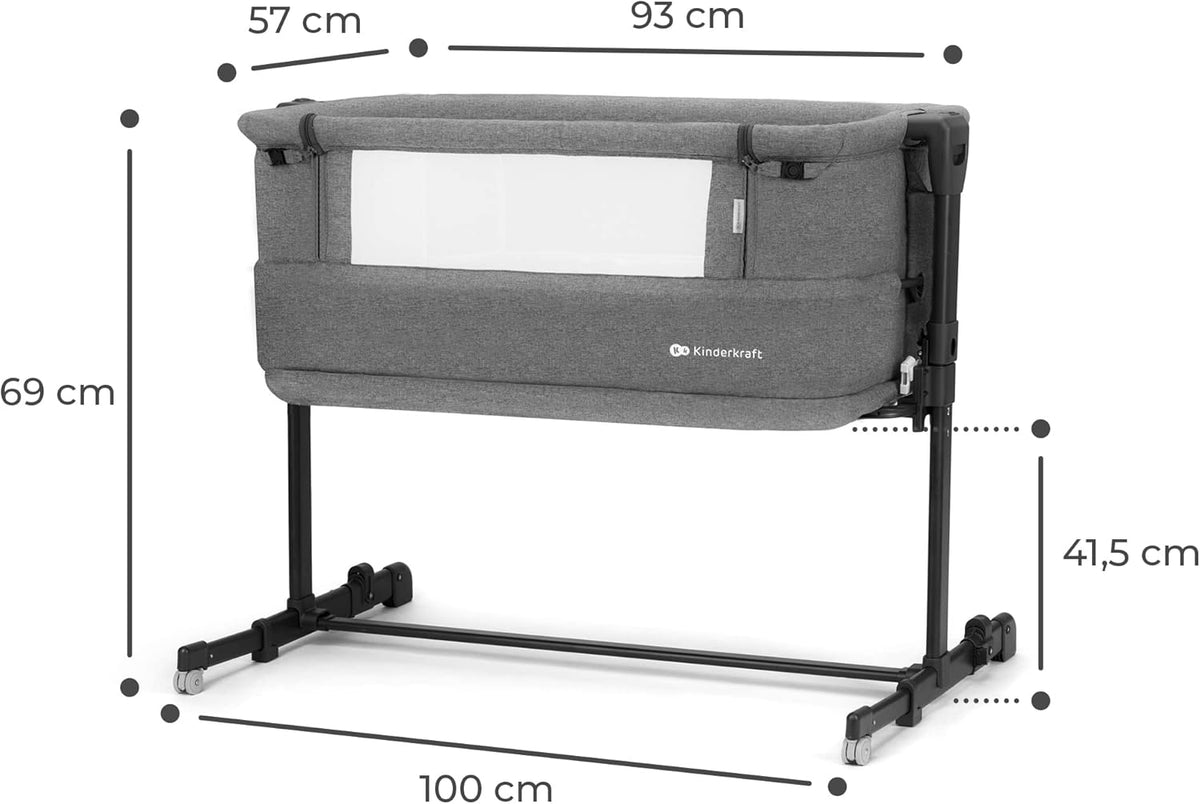 kk KinderKraft Kinderkraft NESTE GROW Baby Cot 3 in 1, Co Sleeper, Side Bed, Baby Cot from Birth to 2 Years, Height Adjustable, with Mattress Carry Bag, Soft Material, Grey - QUORE