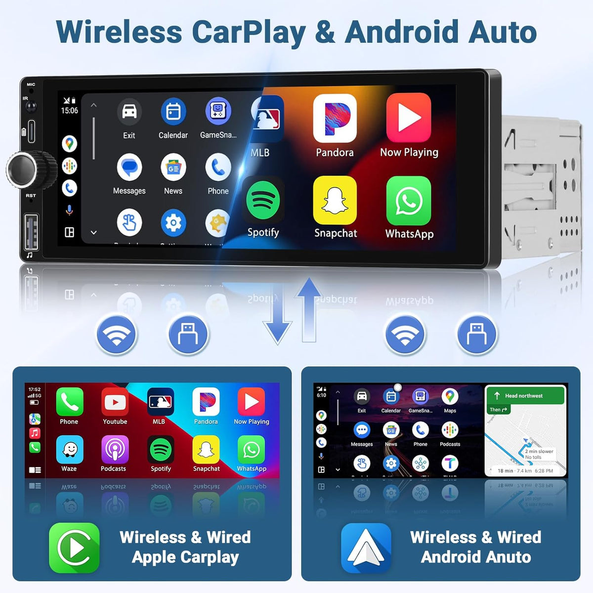 2+64GB Android 1 Din Autoradio Draadloze Carplay Android Auto, 6,9 Inch Touch Screen Display GPS Navi Radio met Bluetooth Mirror Link WiFi FM RDS USB Achteruitrijcamera