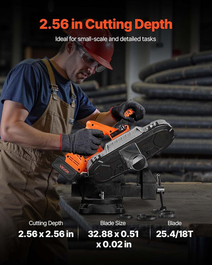 VEVOR 20 V cordless band saw, 65 x 65 mm cutting depth, metal band saw with brushless motor, 4000 mAh battery and charger, 0-192 m/min variable speed, ideal for cutting metal and wood