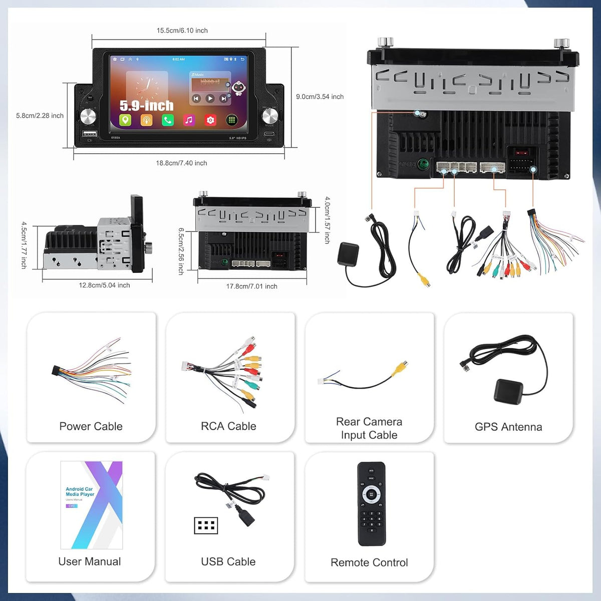 [2 + 64G] SIXWIN Android 13 autoradio 1 DIN met fysieke toetsen, 5,9 inch capacitief touchscreen wifi/GPS/FM/RDS/Bluetooth/SWC
