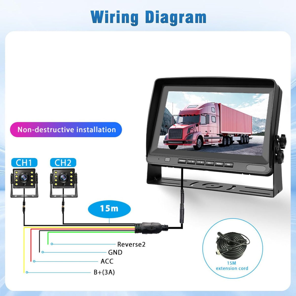 Achteruitrijcamera voor auto, met 8 inch lcd-monitor, twee AHD-1080P-camera's, IP69 waterdicht, super nachtzicht, kabel voor camper, vrachtwagen, aanhanger, bus, bestelwagen, met kabel van 15