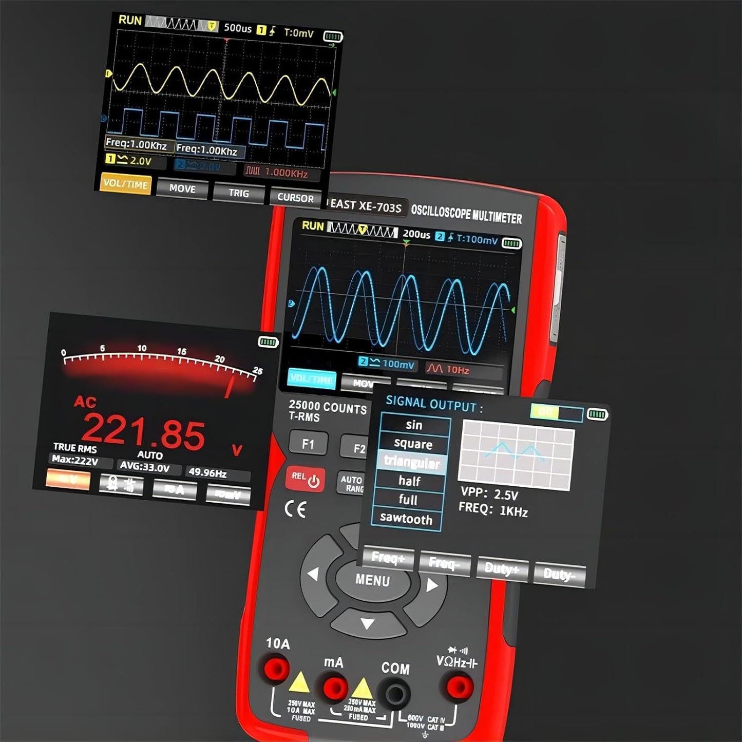 50MHz bandbreedte tweekanaals oscilloscoop, 25.000 tellingen digitale multimeter, DDS-signaalgenerator, 3,5 inch lcd-display 3-in-1 stroomtester, 280 MSa/s High Sampling professionele oscilloscoop (XE