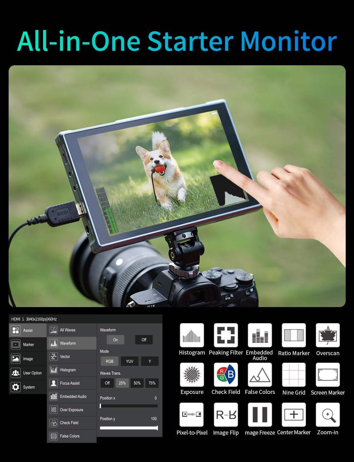 FEELWORLD FW759PRO Touchscreen Camera Veldmonitor 7 Inch 4K HDMI 178° Groothoek Camera Monitor met Parasol,2200mAh Batterij en Tas,9:16 Markering,AV Ingang Geschikt voor DSLR