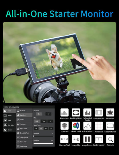 FEELWORLD FW759PRO Touchscreen Camera Veldmonitor 7 Inch 4K HDMI 178° Groothoek Camera Monitor met Parasol,2200mAh Batterij en Tas,9:16 Markering,AV Ingang Geschikt voor DSLR