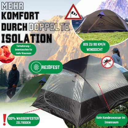 GOALPINE® ESKAPADE II Tent voor 2 grote personen, waterdicht, 4000 mm, kleine verpakkingsmaat, voor wandelen, bergtochten en bikepacking, ultralicht, 3 seizoenen, snelle opbouw