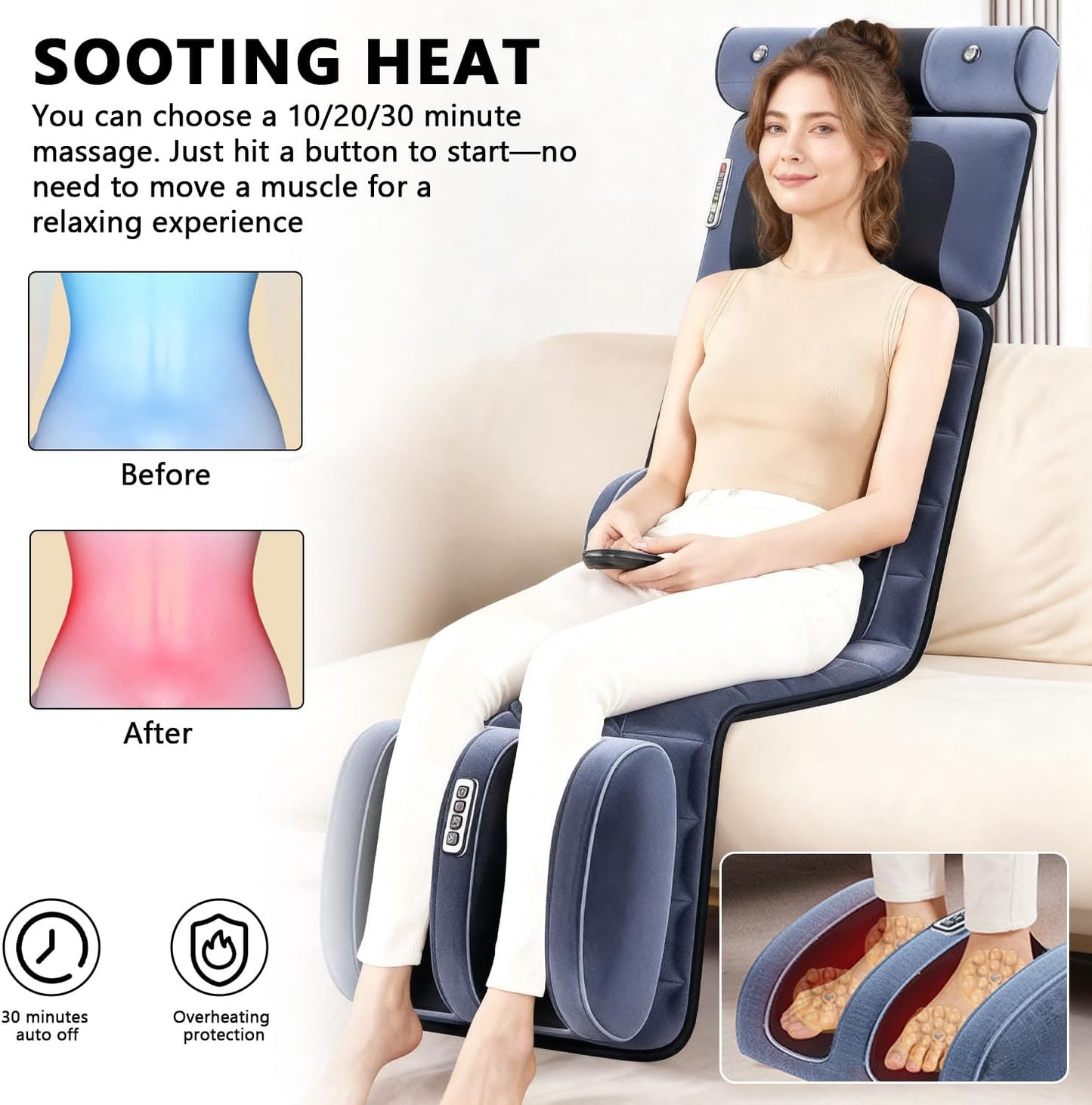 Massagemat voor het hele lichaam met warmtefunctie, massagestoelkussen met 10 vibratiemotoren, suède, elektrische massagepad voor nek, schouders, rug, taille, benen, afneembaar, apart te gebruiken