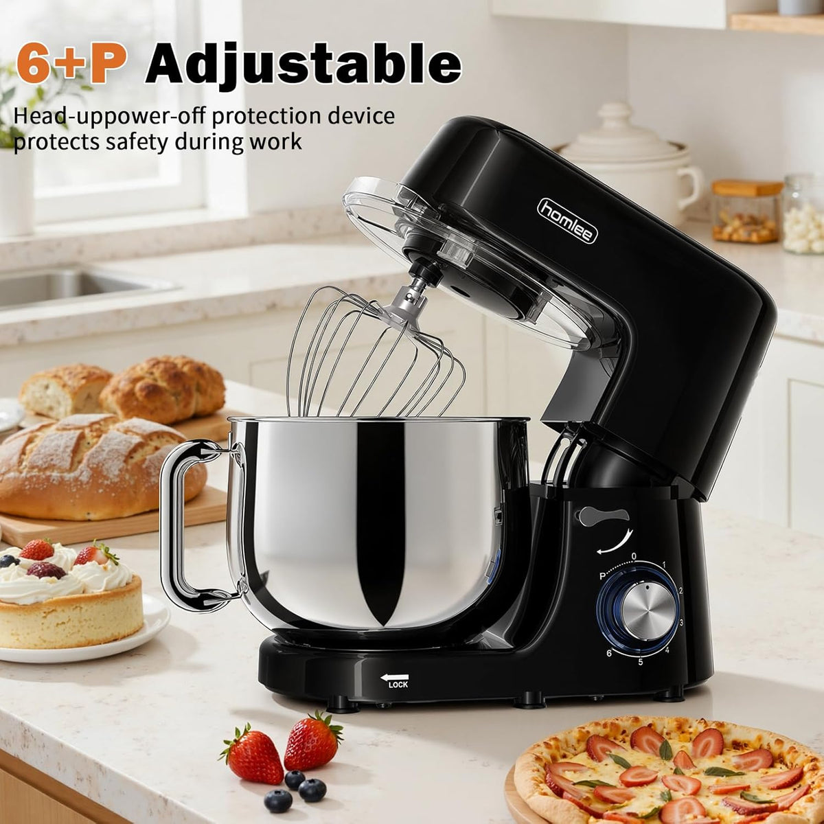 Keukenmachine, kneedmachine, 1800 W, deegmachine met 7,2 l roestvrijstalen kom, 6 snelheden gereduceerd geluid, multifunctionele kneedmachine met garde, menghaak, deeghaak, spatbescherming