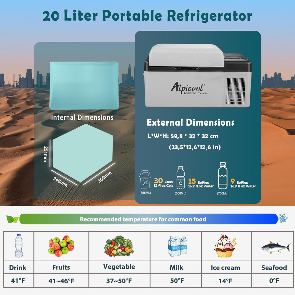 Alpicool EC20 20L Frigoriferi per Auto Mini Frigo Portatile Elettrico Auto Frigorifero Congelatore 12/24V DC per Viaggio(Batterij niet meegeleverd)