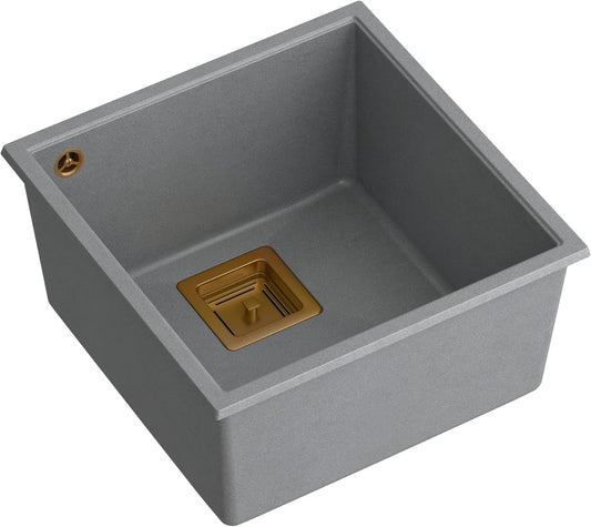 Quadron Wastafel keuken gootsteen granieten spoelbak | afmetingen 41 x 42 x 22,5 cm Kleur: grijs & koper | DAVID 40 enkele wastafel keukenspoelbak | granieten spoelbak | met handmatige sifon