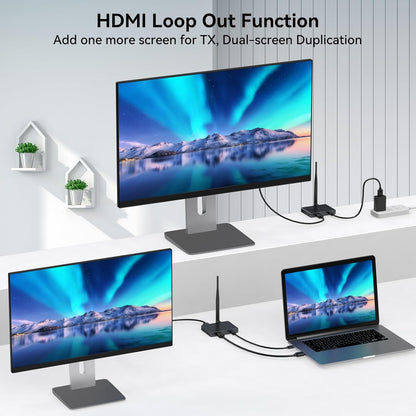Draadloze HDMI-zender en -ontvanger, HDMI Draadloze Transmissie Loop-out, 100m/328 FT, 2,4 G+5,8 G, 4K-decodering 1080P@60Hz-uitgang, Streaming Video's van Laptop, Camera's Naar TV, Projector, Monitor