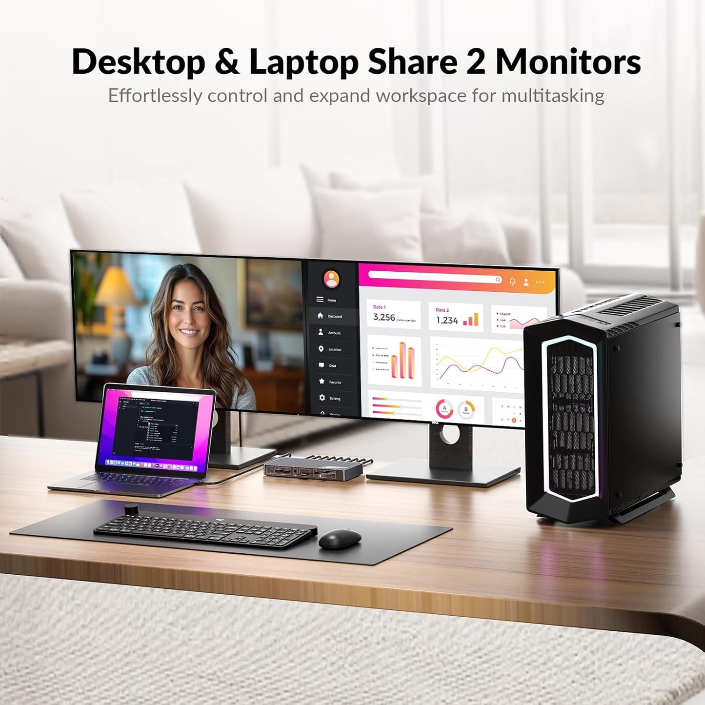 AV Access 8K KVM Switch 2 Monitoren 2 Computers for Laptop & Desktop, 100W USB-C Charge for Laptop, Ethernet, Docking Station Dual Monitor 8K@60Hz/4K@165Hz, 4xUSB 3.2, Audio, SD, Wired Remote Control