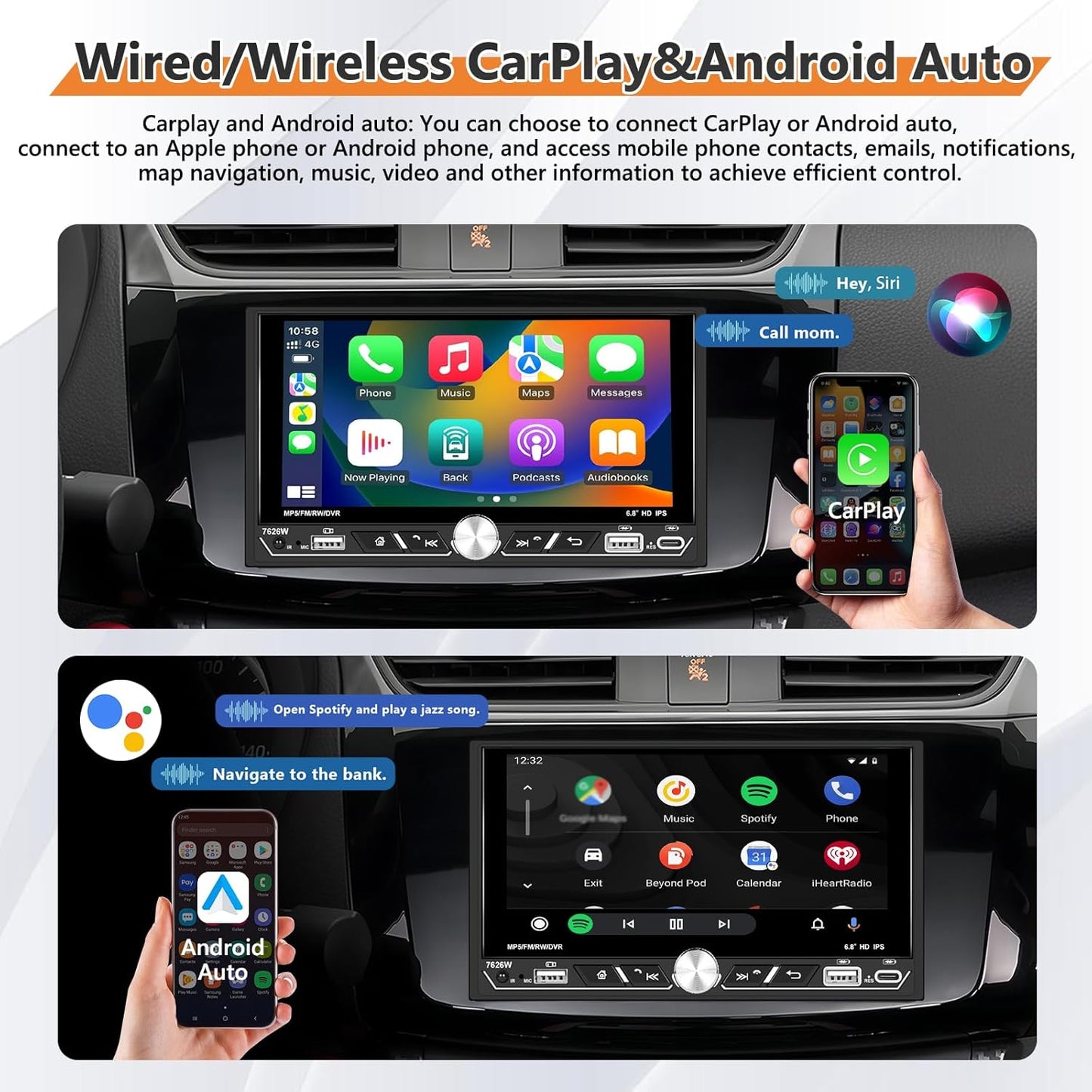 Carplay 2 Din autoradio, 6,8 inch HD touchscreen, bedraad, Android Auto Stereo MP5-speler, ondersteuning Bluetooth/MirrorLink/FM/USB2.0/AUX/opladen/afstandsbediening + achteruitrijcamera