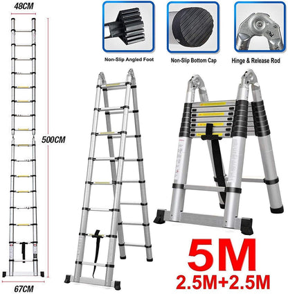 MEYKEY Inklapbare telescopische ladder, multifunctionele ladder, uittrekbare draagbare ladder, maximale draagkracht 150 kg, zilver