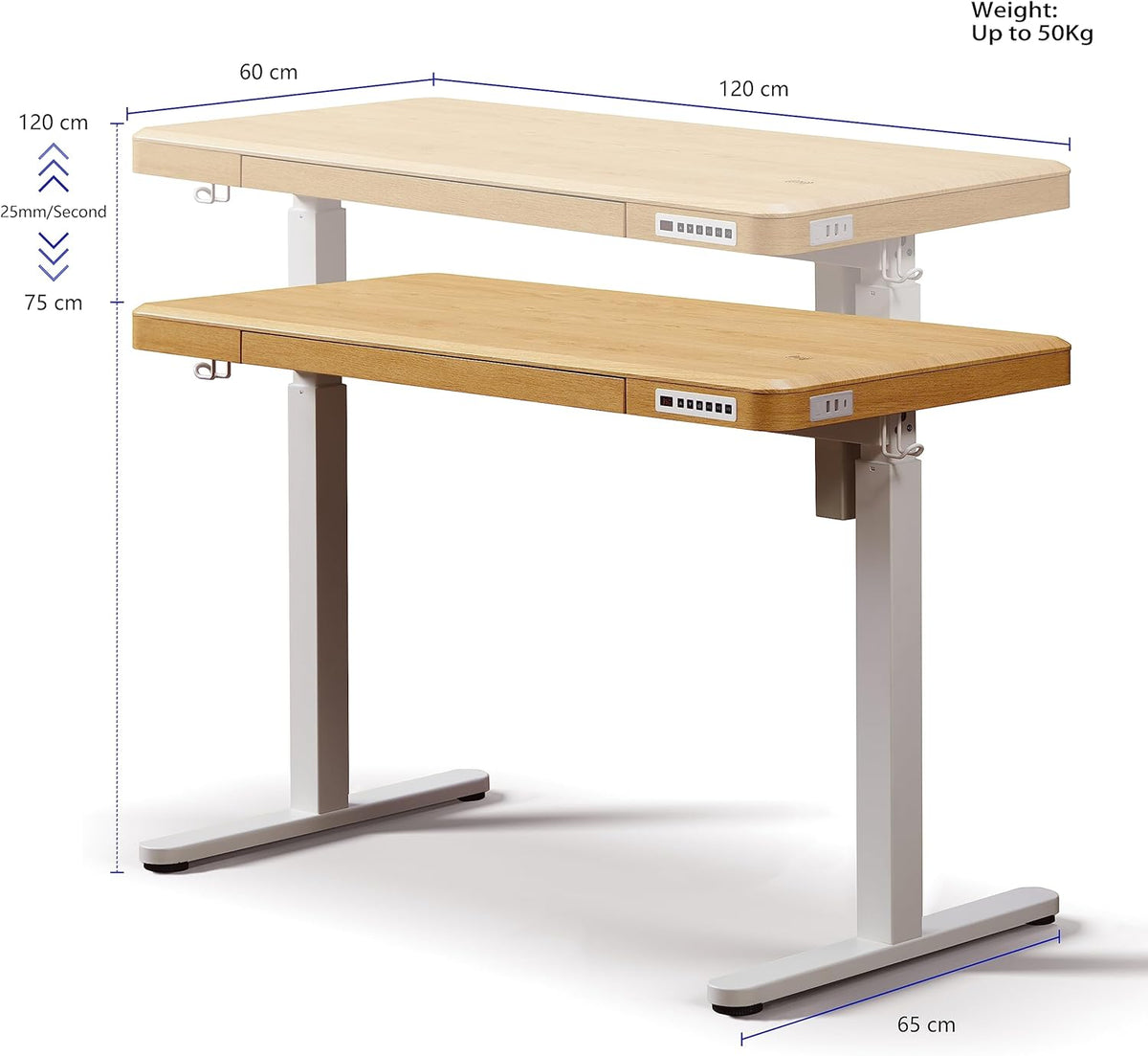 KOWO Electric Standing Desk with Drawers, USB-C Hub and Wireless Charger, Sit-Stand Desk, Adjustable Table, Home Office, Computer Table with Storage Space, 120 cm (L) Maple Wood - QUORE