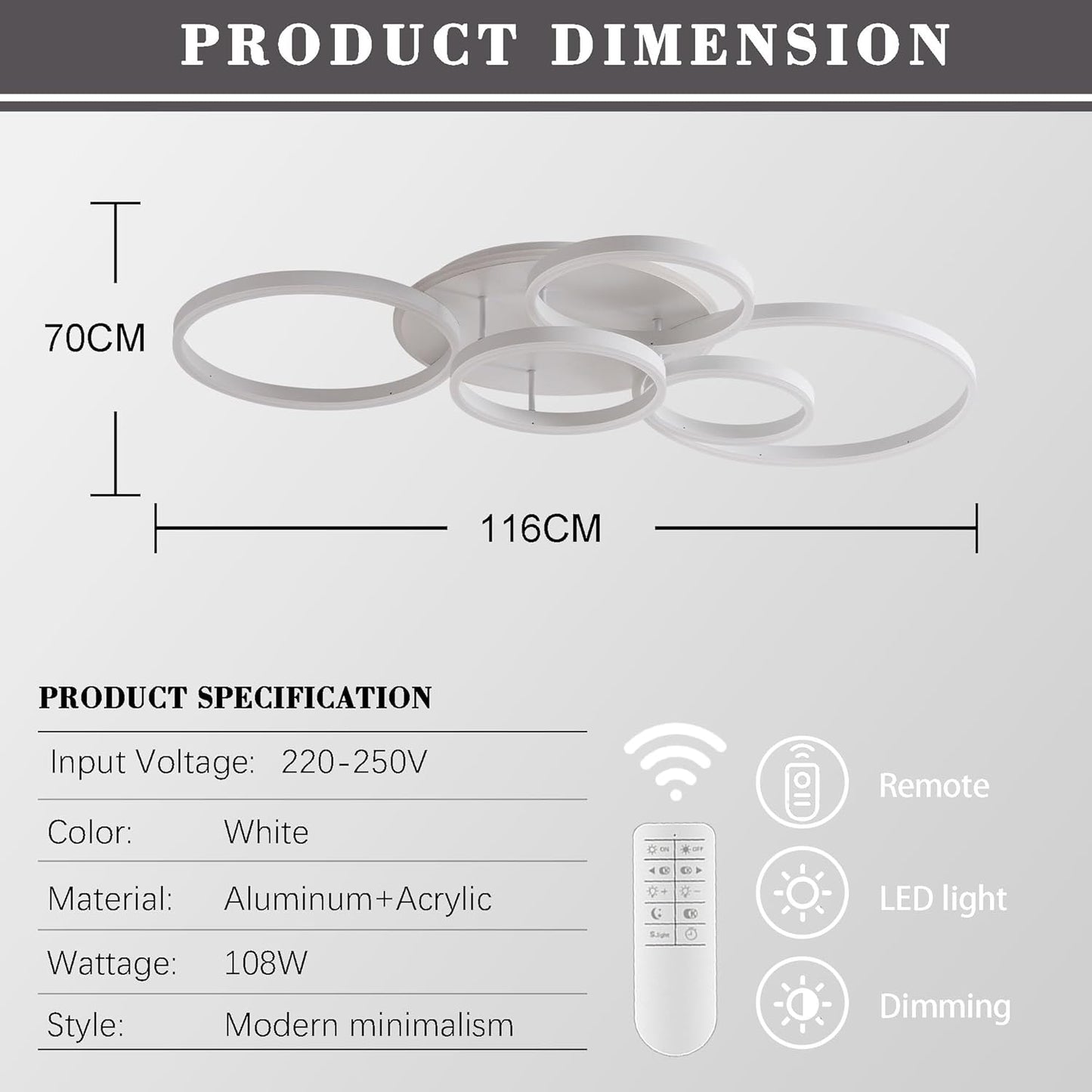 Dimbare LED Plafondlamp, 116 cm Flush Mount 108W 6400 lm Plafondverlichting met Afstandsbediening, 6 Ringen Plafondverlichting voor Woonkamer Slaapkamer Eetkamer, 3000-6000K, Wit