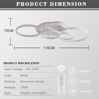 Dimbare LED Plafondlamp, 116 cm Flush Mount 108W 6400 lm Plafondverlichting met Afstandsbediening, 6 Ringen Plafondverlichting voor Woonkamer Slaapkamer Eetkamer, 3000-6000K, Wit