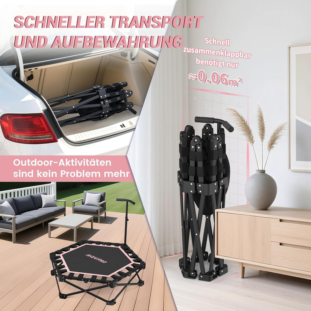 Fitness trampoline Ø106,5 cm – opvouwbare volwassen trampoline met verstelbare handgreep en veerkrachtig compact ontwerp – stil trampoline voor thuis workout