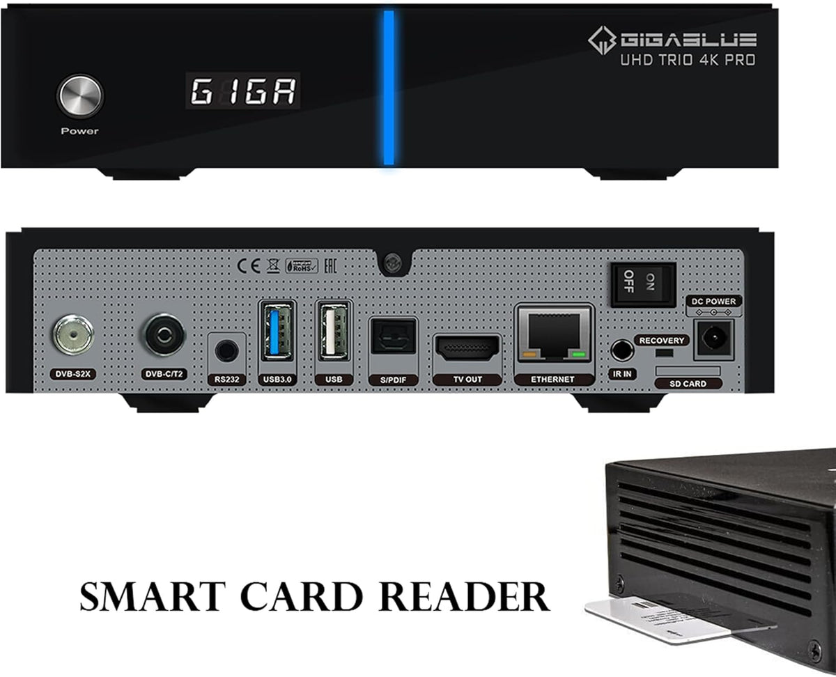 GigaBlue UHD Trio 4K PRO - 1x DVB-S2X MS + 1x DVB-C/T2 Receiver comb. sat., kabel/signaal T2, E2 Linux TV Smart TV Box, riprod. multimed, radio. PVR, 1200Mbps WiFi, HTS