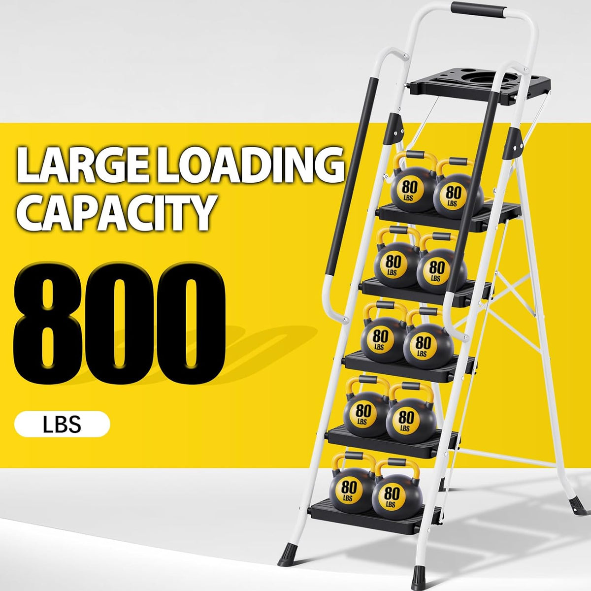 KINGRACK Ladder 5-staps met 150kg Capaciteit, Opvouwbaar Trapladder Vouwladder met Veilige Vergrendeling Gereedschapsbak Brede Antislip Pedalen Leuningen, Huishoudladder voor Thuis Kantoor Kasten, Wit