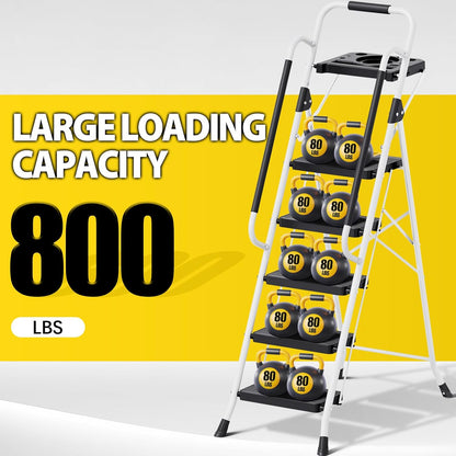 KINGRACK Ladder 5-staps met 150kg Capaciteit, Opvouwbaar Trapladder Vouwladder met Veilige Vergrendeling Gereedschapsbak Brede Antislip Pedalen Leuningen, Huishoudladder voor Thuis Kantoor Kasten, Wit