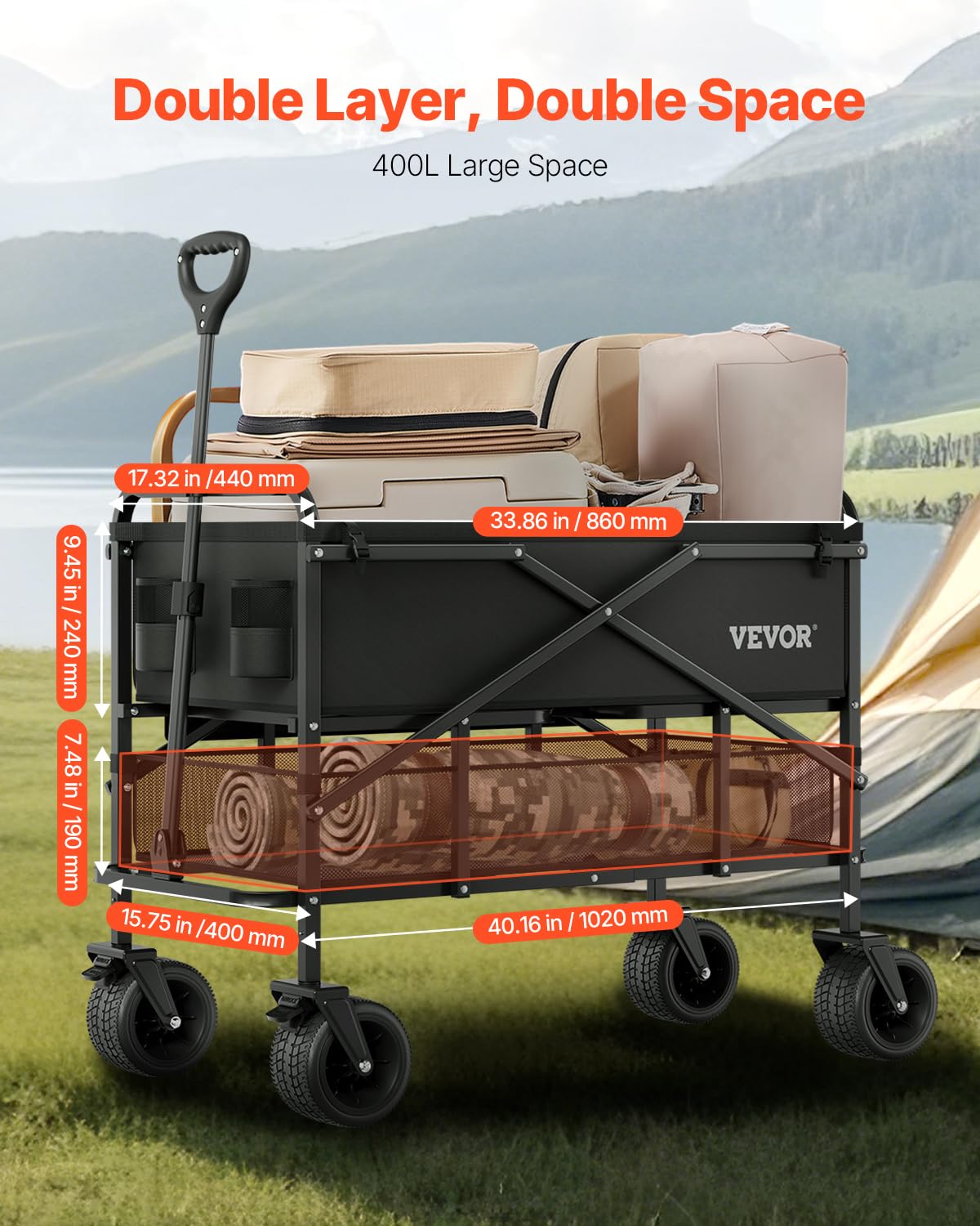 VEVOR Dubbeldekker vouwwagen, inklapbaar, 300 liter, zware vouwwagen, verlengde lange tuinwagen met all-terrain wielen, ondersteuning tot 450 lbs, outdoor utility wagen voor kamperen, sport, winkelen