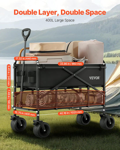 VEVOR Dubbeldekker vouwwagen, inklapbaar, 300 liter, zware vouwwagen, verlengde lange tuinwagen met all-terrain wielen, ondersteuning tot 450 lbs, outdoor utility wagen voor kamperen, sport, winkelen