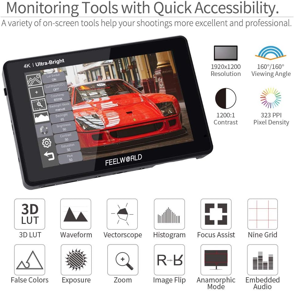 FEELWORLD LUT7S 2200Nits DSLR Camera Monitor 7 Inch TouchScreen Field Monitor with Light Sensor,3G-SDI & 4K HDMI Loop In/Out,3D LUTs,FHD 1920X1200 IPS,HDR Waveform,F970 Dual Battery Plate - QUORE