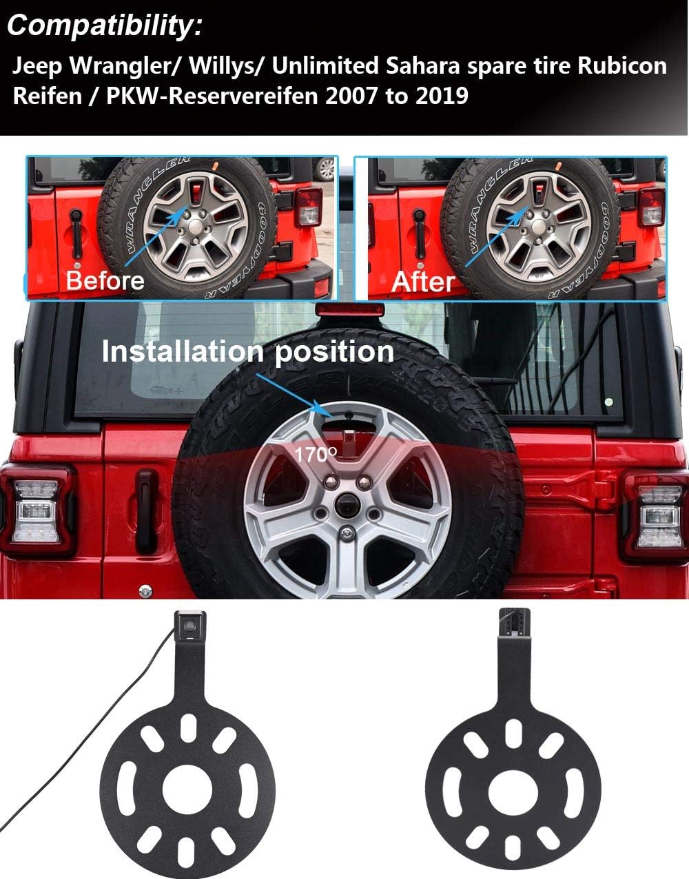 HD Derde Dak Top Mount Remlamp Omgekeerde Achteruitblik Backup Camera Hoek afstand Verstelbare IR Nachtzicht voor Jeep Wrangler/Willys/Onbeperkt Sahara Spare Tire Rubicon, Reversing Camera+7"monitor