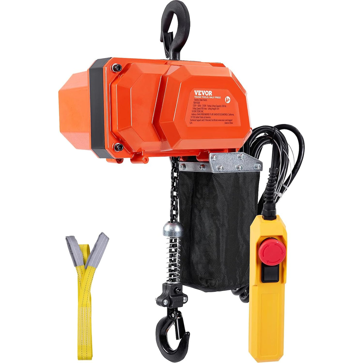 VEVOR Elektrische kettingtakel, 149,7 kg draagkracht, 3 m hefhoogte, 2,3 m/min snelheid, 1-fase elektrische lier met G80-ketting, 3 m kabelafstandsbediening, voor garage, winkel, hotel, thuis