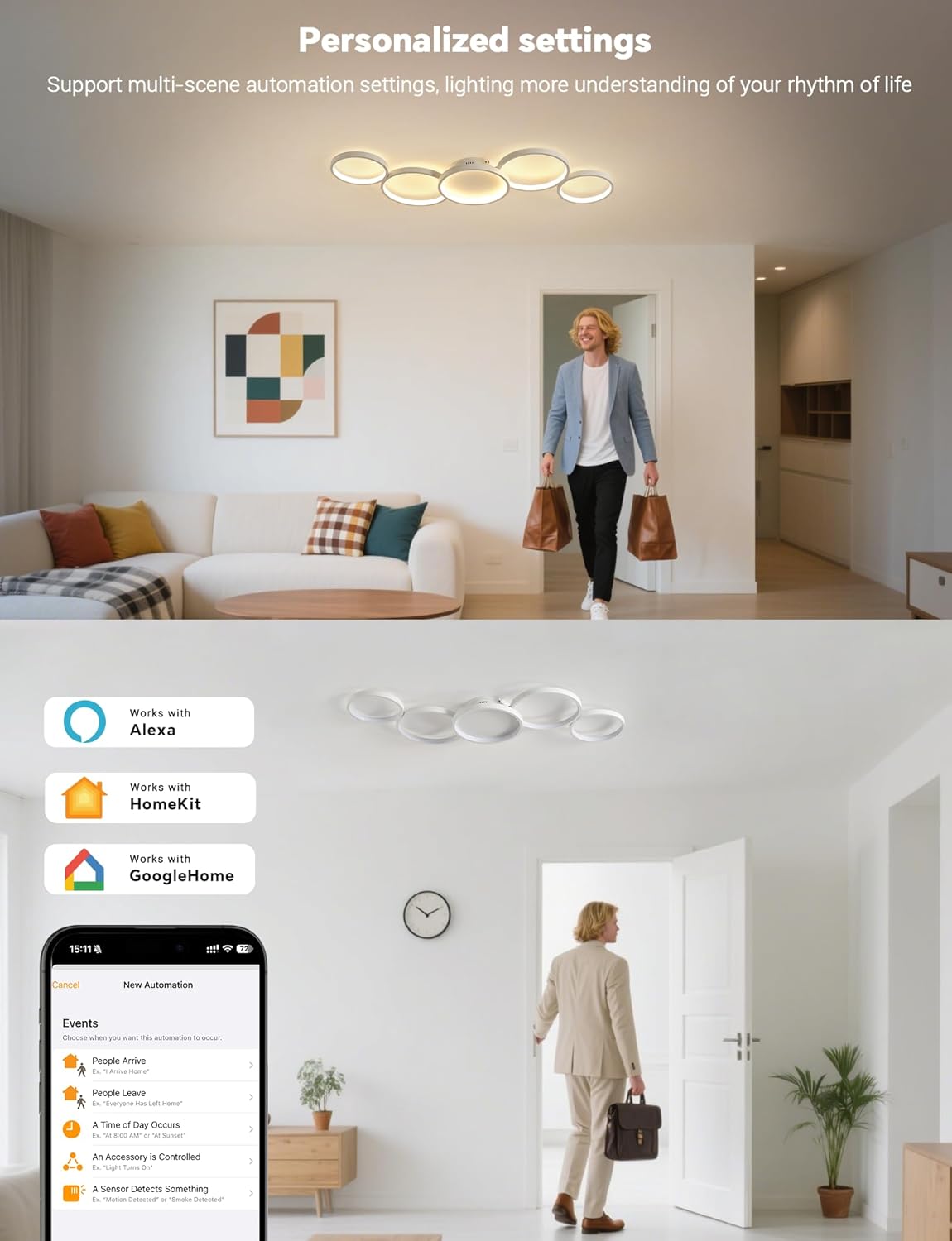 Plafondlamp met afstandsbediening, woonkamerlamp met Matter compatibel met HomeKit, Alexa, Google en IFTTT, 50W moderne LED-plafondlamp voor slaapkamer en woonkamer (100cm, wit)