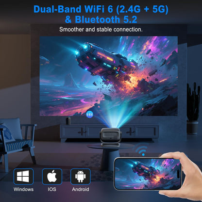 Beamer 4K [elektrische focus/180° draaien] 26.000Lux thuisbioscoop projector met wifi 6 en Bluetooth, Zoom, trapeziumcorrectie, native 1080p, overheadprojector voor iOS/Android smartphone