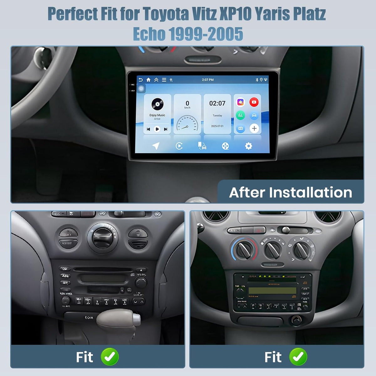 Roinvou 4G+64G Android 15 Autoradio voor Toyota Vitz XP10 Yaris Platz Echo 1999-2005 Draadloos Carplay Android Auto, 9'' Incell Touchscreen Radio GPS Bluetooth FM RDS WiFi EQ SWC Achteruitrijcamera