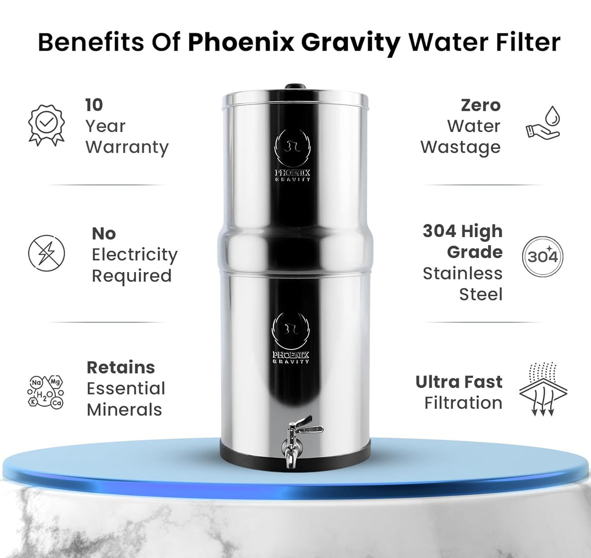 Waterfilter Op Zwaartekracht Met 2 Koolstoffilters – Zwaartekrachtfilter – Waterzuiveraar – Drinkwaterfilter – Waterfiltersysteem – 3,25 Gallon (12,3 Liter) – 304 Roestvrij Staal