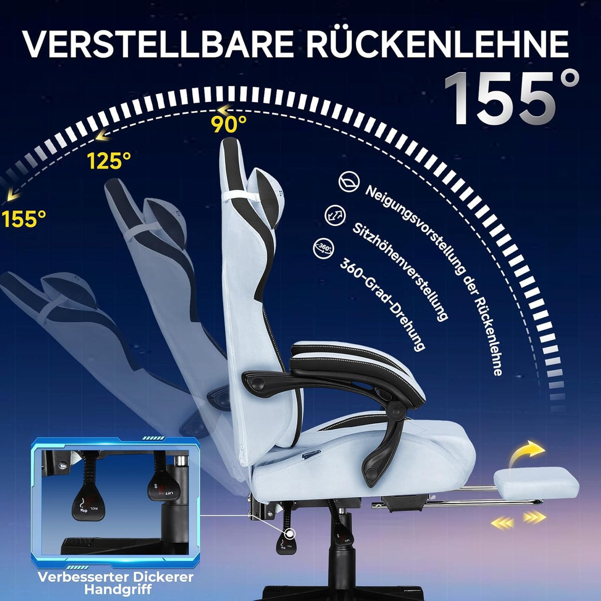 GTPLAYER Gaming Chair, Ergonomic Gamer Chair Made of High Quality Flannel with Lumbar Support, PC Chair with Widened Backrest, Maximum Load 150 kg, Light Blue - QUORE