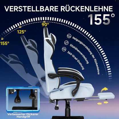GTPLAYER Gaming Chair, Ergonomic Gamer Chair Made of High Quality Flannel with Lumbar Support, PC Chair with Widened Backrest, Maximum Load 150 kg, Light Blue - QUORE
