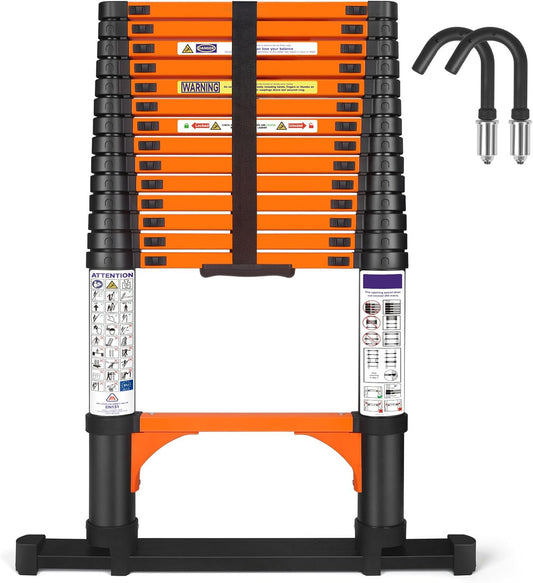 4,4m Telescopische Ladder - Hoogwaardige Uitschuifbare Ladder met Stabilisatoren en Afneembare Haak, Robuuste Draagbare Multifunctionele Rechte Ladder Huisladder Steunladder voor Campers en Zolders